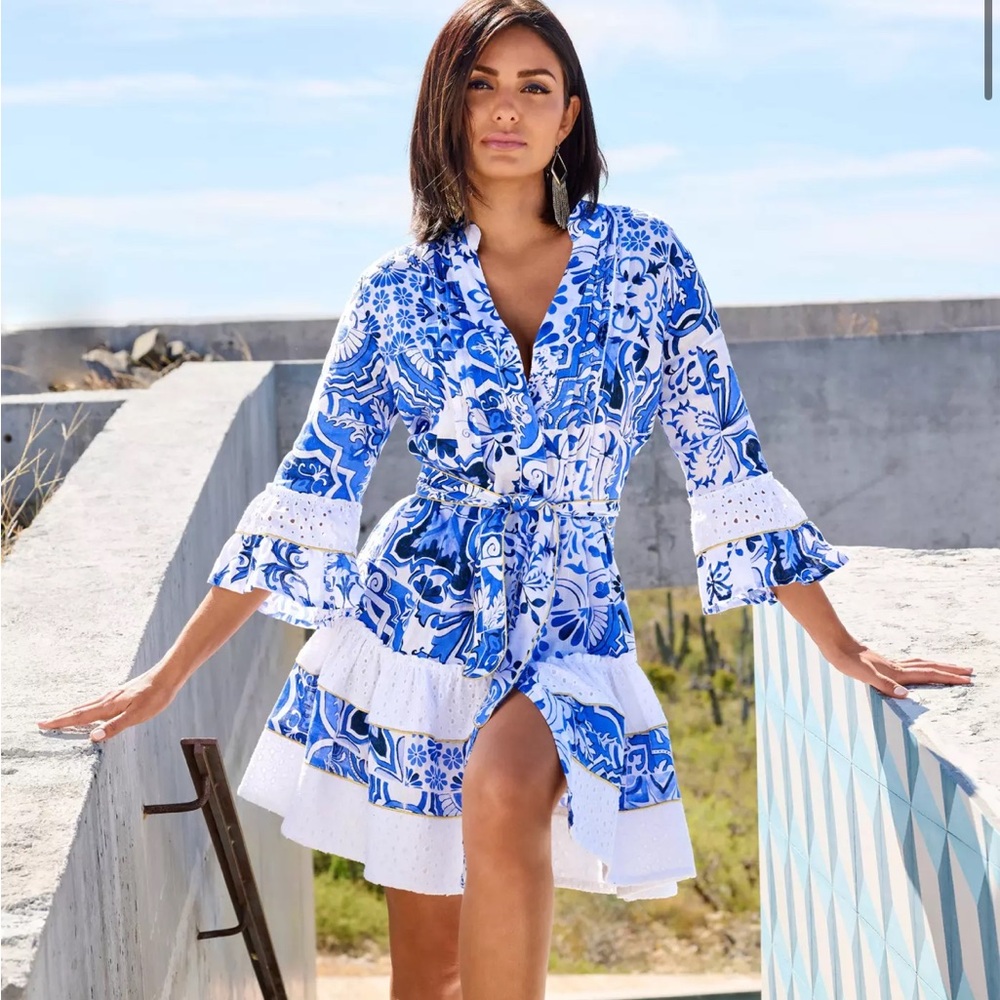 Boston Proper Chic Tiles Print Eyelet-Inset Tiered A-Line Dress